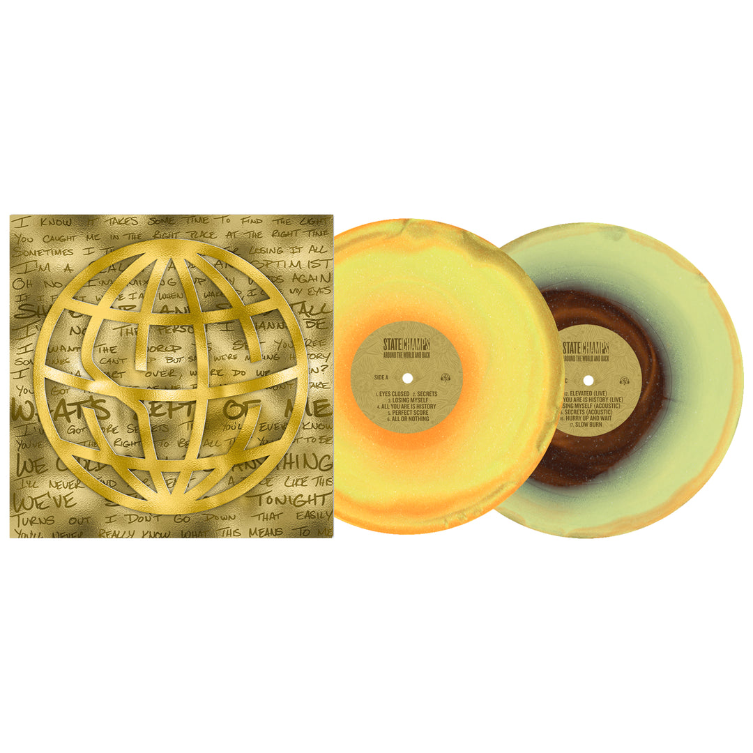 Two yellow marble-patterned State Champs "Around The World And Back" vinyl records are displayed beside an album cover featuring a gold globe design and handwritten lyrics in the background.