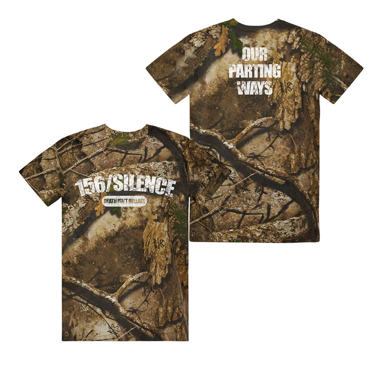 Two camo t-shirts by 156/Silence x Russell Outdoors are shown front and back. The front has 156/Silence and "DEATH FIRST RELEASE," while the back features bold white “OUR PARTING WAYS” over a forest camo pattern.