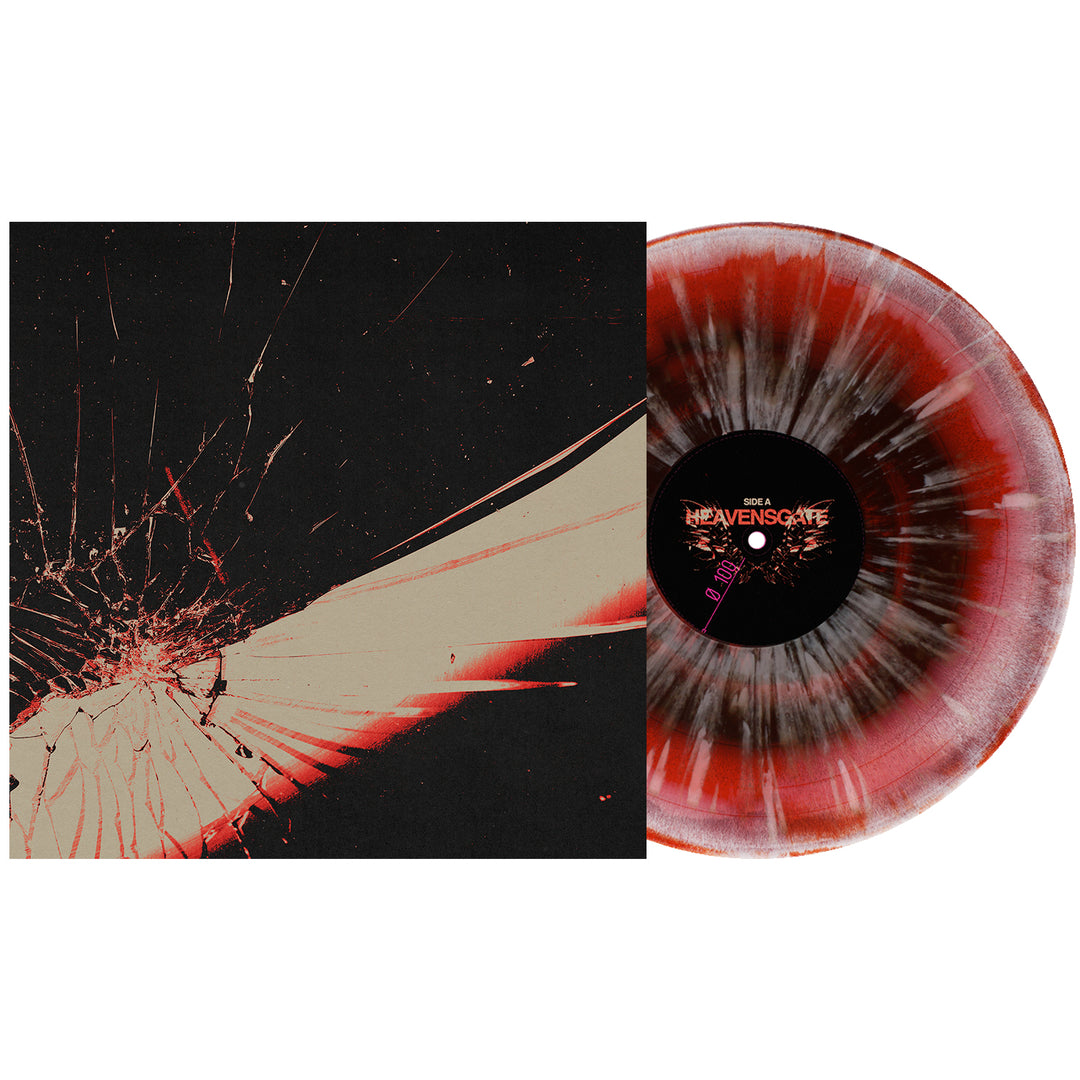 A Heavensgate Bloodlust marble vinyl with a red, black, and white pattern rests partly inside a dark album cover adorned with shattered glass and sharp red and beige lines.