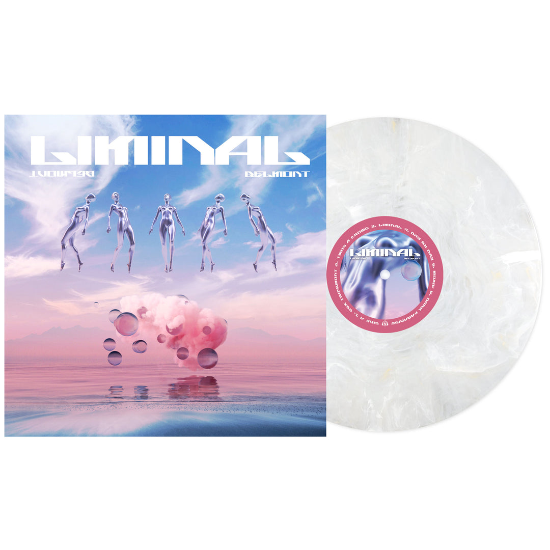 The image displays a translucent Pearl Marble vinyl by Belmont beside its album cover, which depicts four silver humanoid figures floating above pink clouds and reflective water under a blue and pink sky. The title LIMINAL is shown at the top.