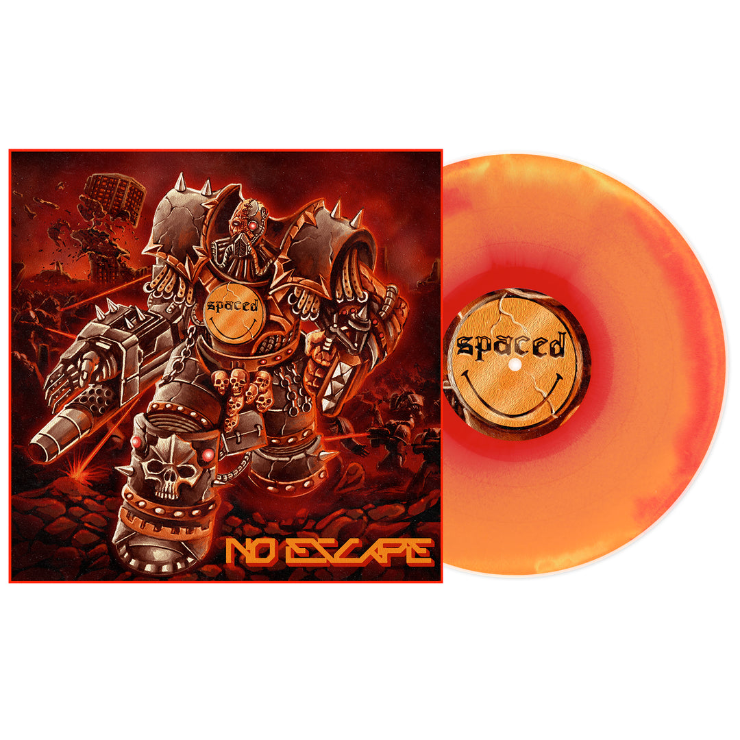 An orange and yellow vinyl LP from Spaced sits beside its album cover featuring a skull-helmeted warrior in a fiery world. The No Escape Vinyl title and Spaced brand name appear—an ideal collector’s item before album presale.