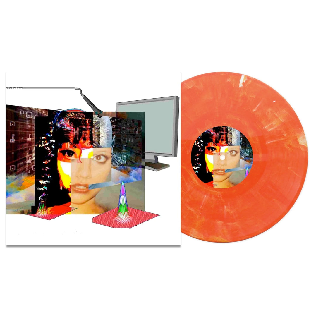 A Candy Corn Deluxe Marble Vinyl LP from Soulkeeper sits beside its album cover, featuring a surreal collage of a womans face, geometric shapes, vibrant abstract patterns, and a computer monitor in the background. Join Us In Creating Excellence.