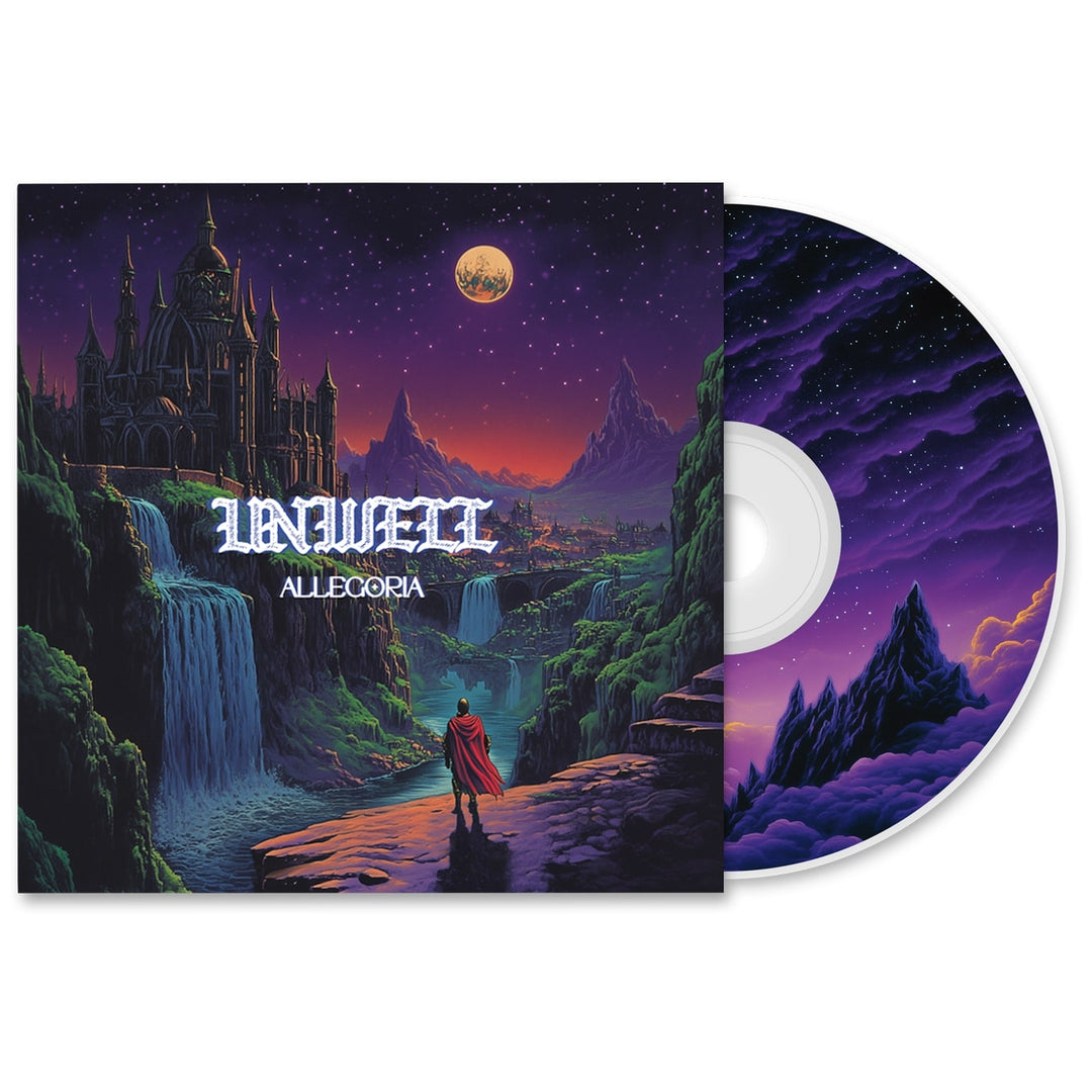An Unwell Allegoria CD features a fantasy cover with a red-cloaked figure overlooking a castle, waterfalls, and mountains beneath a purple moonlit sky. The CD shows matching scenery. Preorder your Unwell album or music bundle now!.