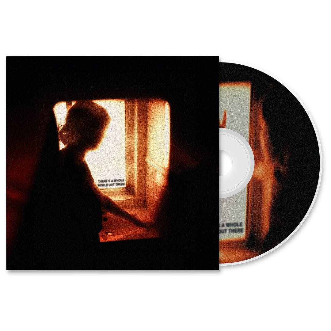 A CD partially inside its case; the cover features Arms Length’s silhouette by a window in warm orange light, with “THERE’S A WHOLE WORLD OUT THERE.” Ideal for collectors of Arms Length presale items.