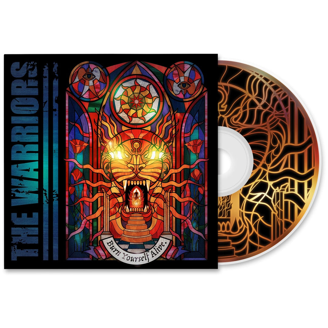 CD and cover art for The Warriors: Burn Yourself Alive, featuring a stained glass lion with glowing eyes and a Burn Yourself Alive banner at the bottom. Includes presale details.