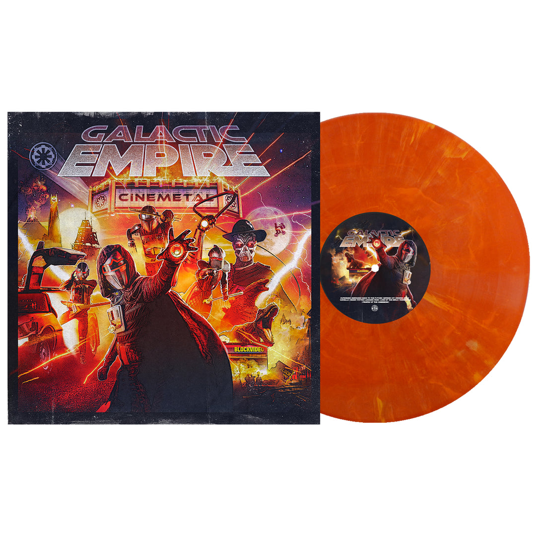 Square album cover for Galactic Empire: Cinematic, a movie soundtrack album with sci-fi characters wielding lightsabers and blasters beside the Cinemetal Eruption Marble Vinyl. Spaceships and explosions create a dramatic backdrop. Brand: Galactic Empire.