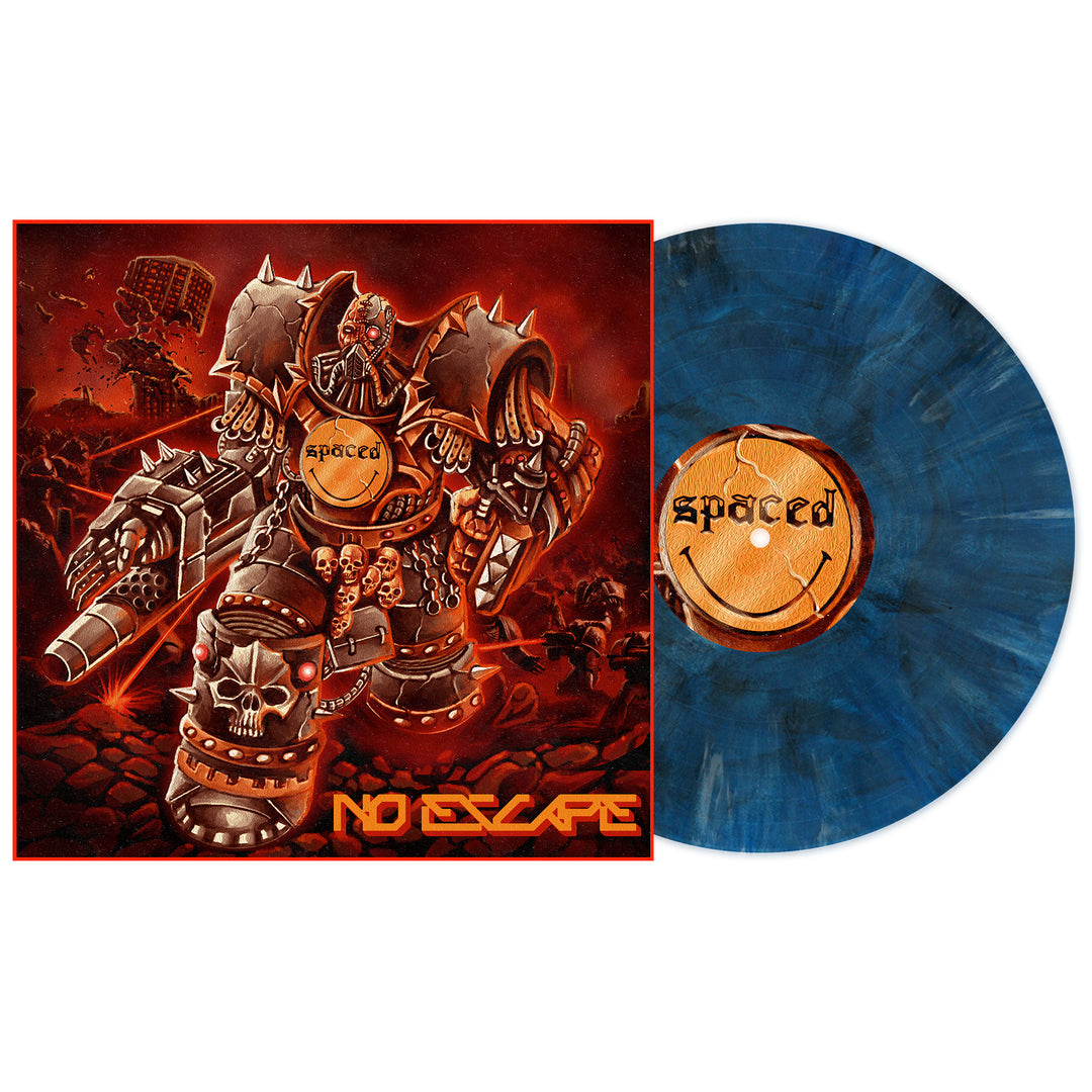The No Escape album cover by Spaced features a robotic warrior in spiked armor with skull details on a fiery battlefield. Next to it, the striking blue marble vinyl LP is available now during the presale.
