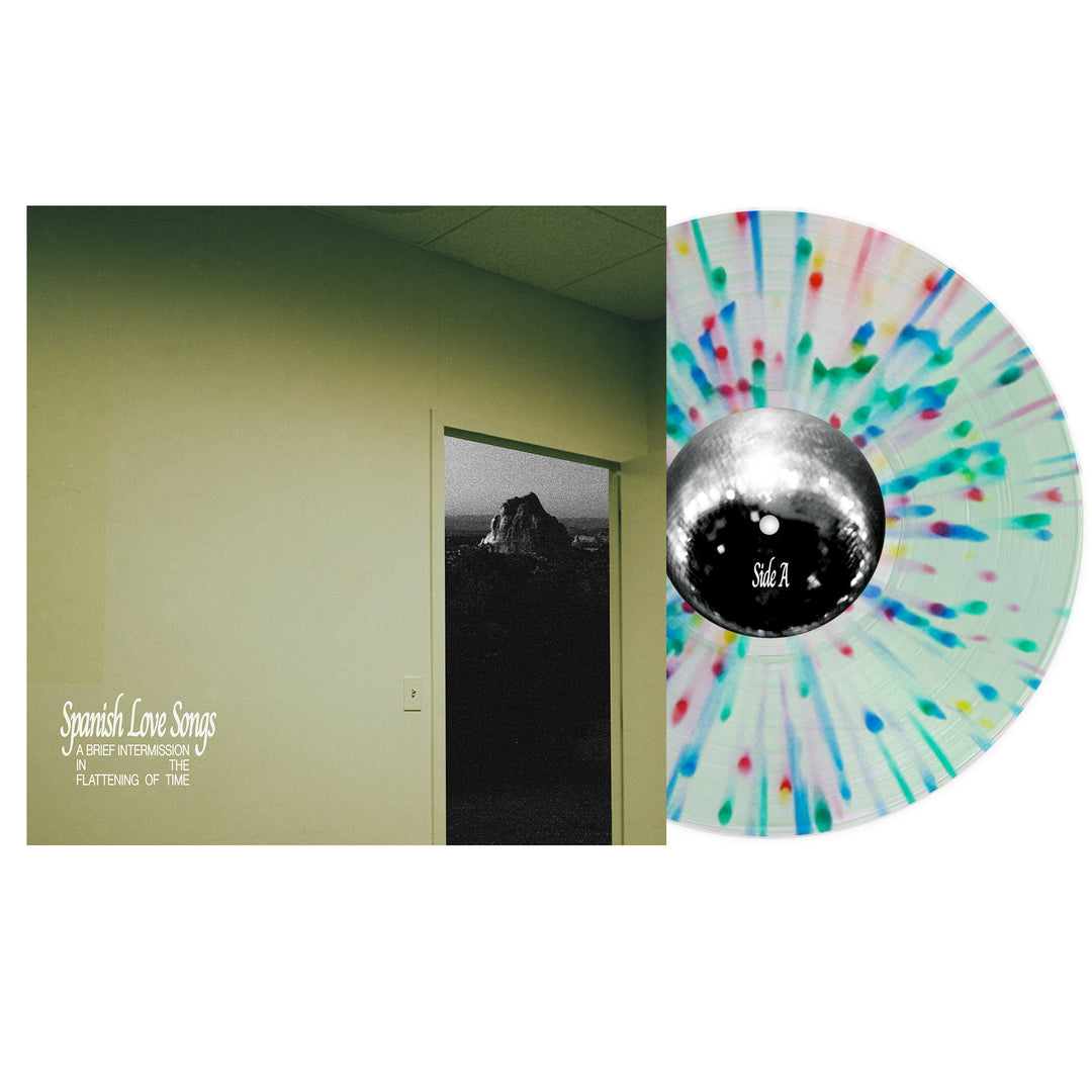 Album cover for Spanish Love Songs shows a green-walled room with a door to a black-and-white outdoors, next to a limited edition Spanish Love Songs vinyl LP—white with colorful splatters, labeled Side A.