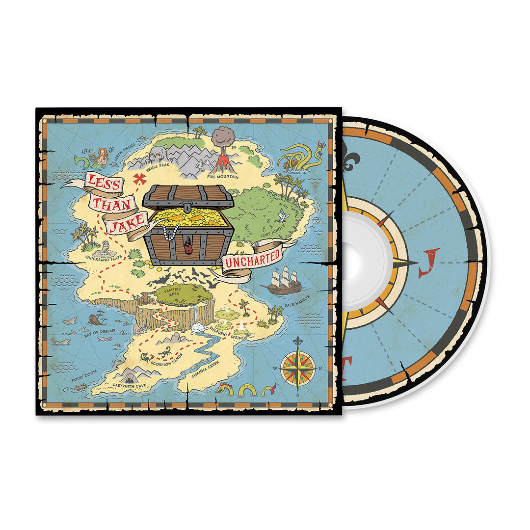CD cover and disc with a vibrant treasure map island, chest at the center, and nautical icons. Banner displays Less Than Jake Uncharted, spotlighting their new release on November 15, 2024. Compass rose accents complete the design.