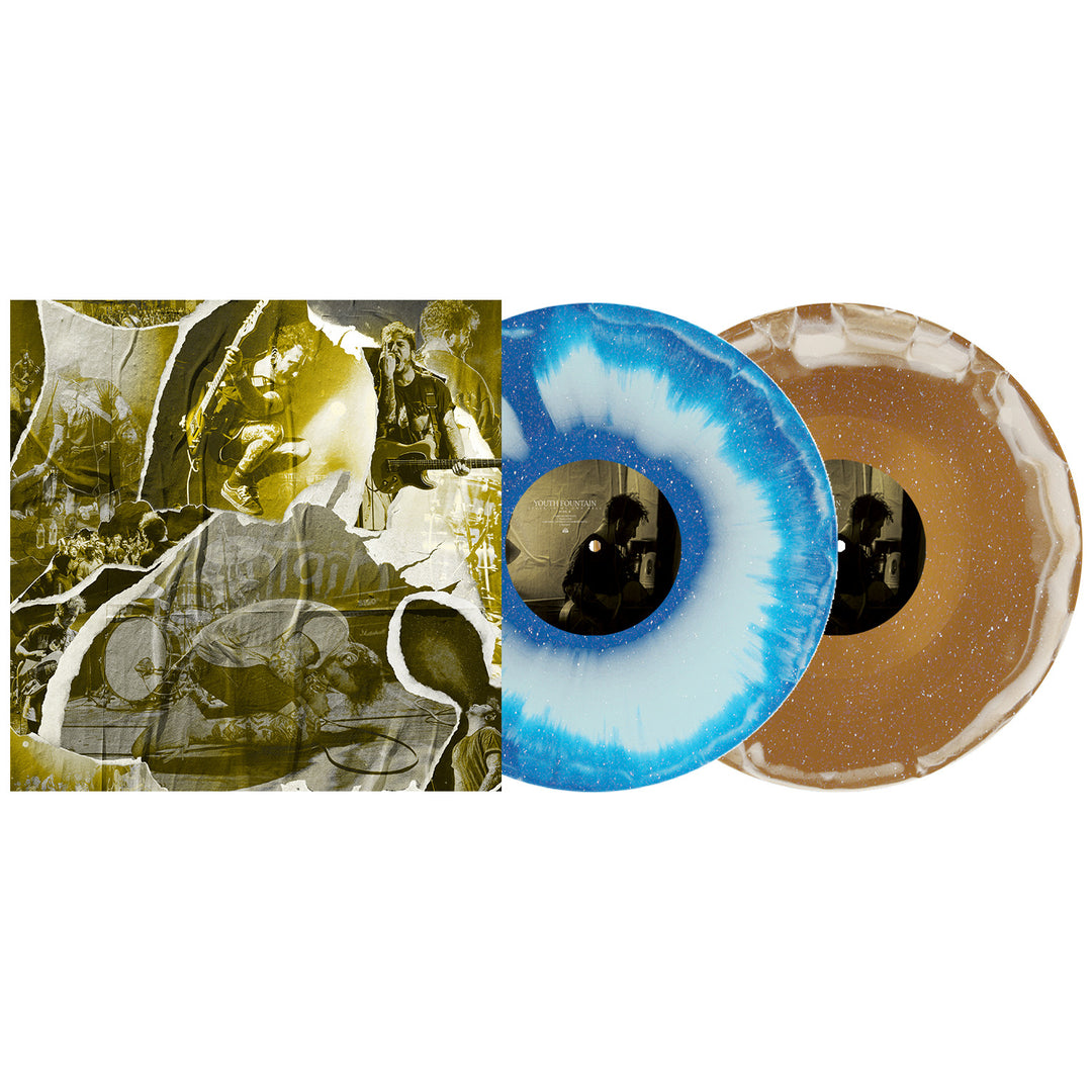 Two Youth Fountain vinyl records—one Electric Blue & Royal Blue glitter LP and one gold—are partially shown outside an album cover with a yellow and gray collage. Both feature black center labels with photos, making them perfect for any album presale.