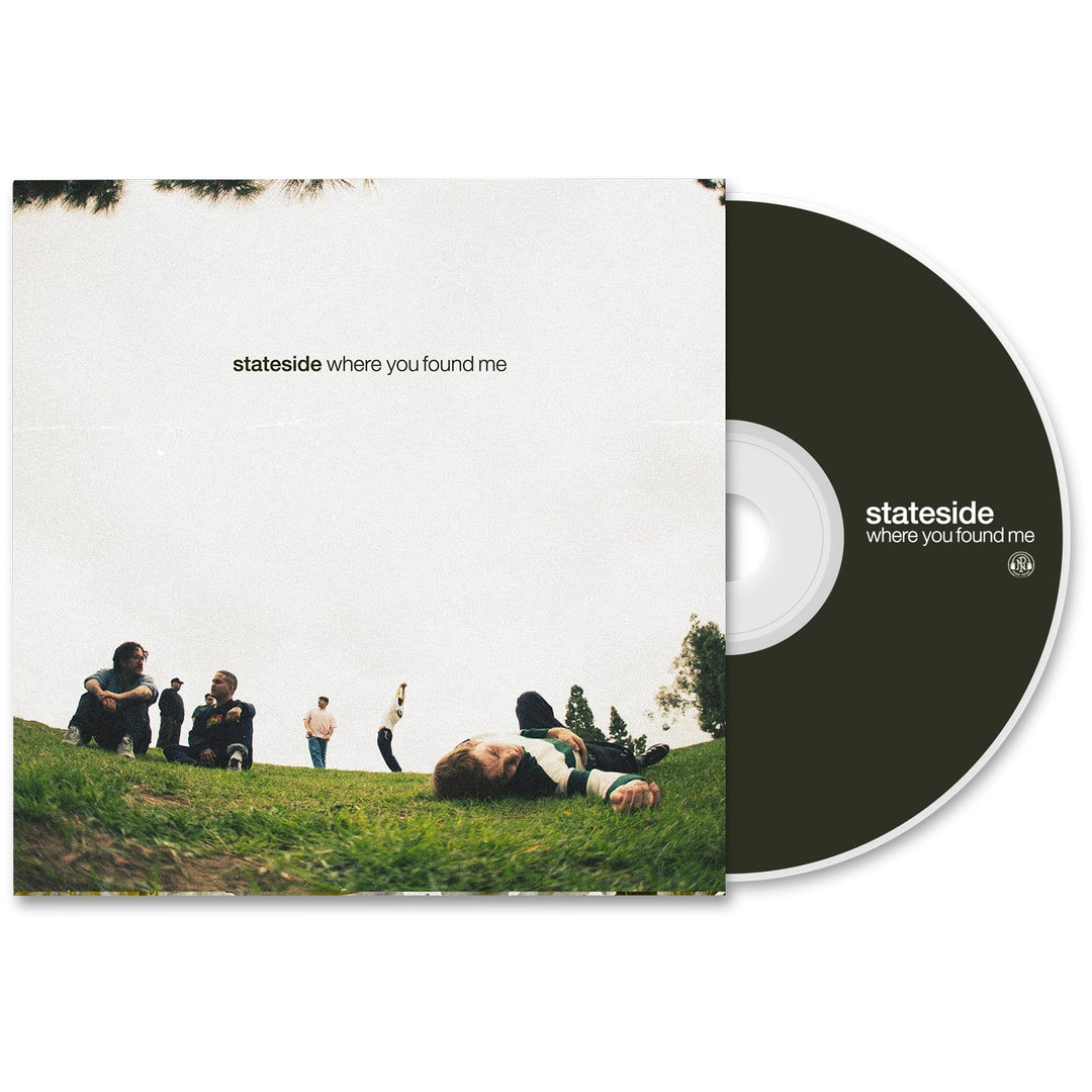 Stateside CD and cover for Where You Found Me, featuring people on a grassy hill under a cloudy sky. The album title and band name are centered. Available now as part of an exclusive presale CD bundle.