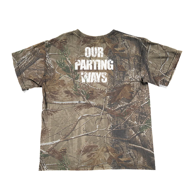 A camo t-shirt from 156/Silence features the words OUR PARTING WAYS printed in bold white letters on the back.