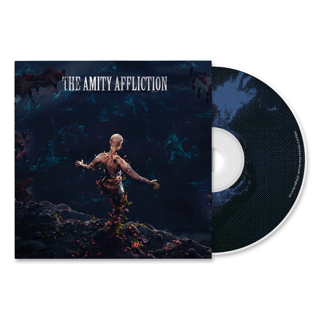 The Amity Affliction’s Redux album cover features a person standing in dark water with arms outstretched, debris around them, and the ocean behind. The CD appears to the right. Presale begins September 27th, 2024.