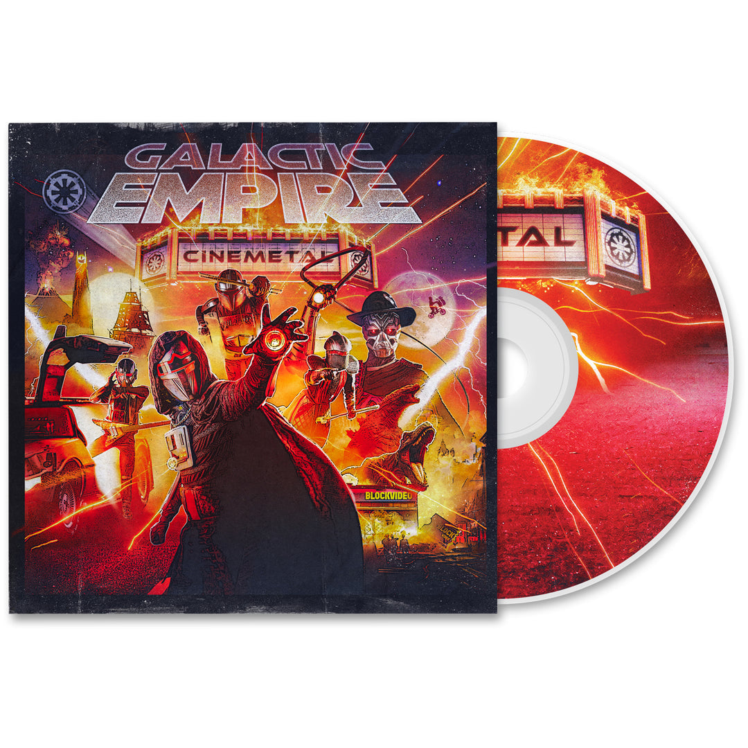 CD case and disc for Galactic Empire’s Cinemetal album, featuring Star Wars-inspired villains with instruments amid a fiery sci-fi scene—perfect for the 2025 release.