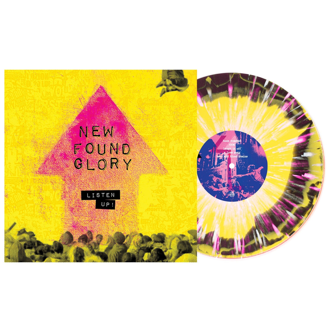A New Found Glory album cover with a bold pink arrow on yellow and "New Found Glory Listen Up!" text beside a splatter vinyl LP in yellow, pink, and white—perfect for the Listen Up! Vinyl album presale.