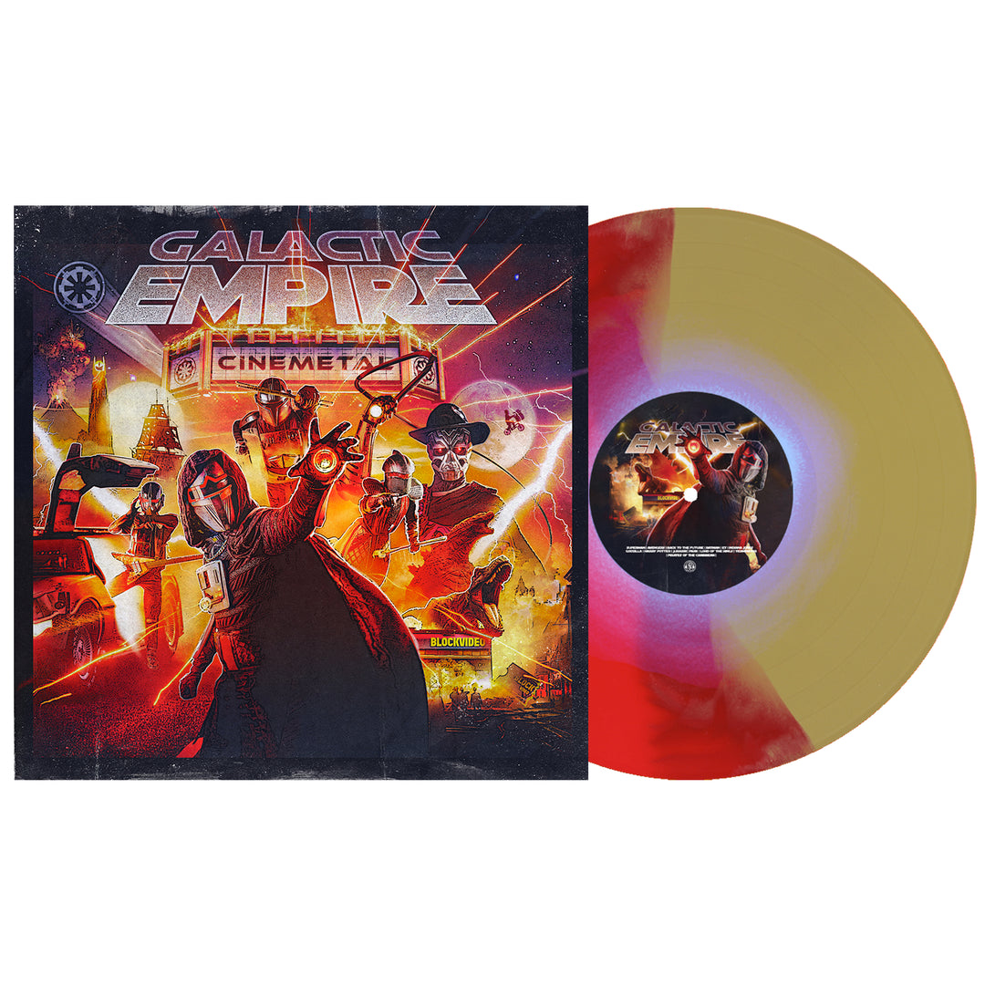 A limited edition LP from Galactic Empire is shown with red and gold split color vinyl beside its cover, which depicts masked, armored figures wielding glowing weapons in a fiery sci-fi battle. The album title “Cinematic” is displayed.