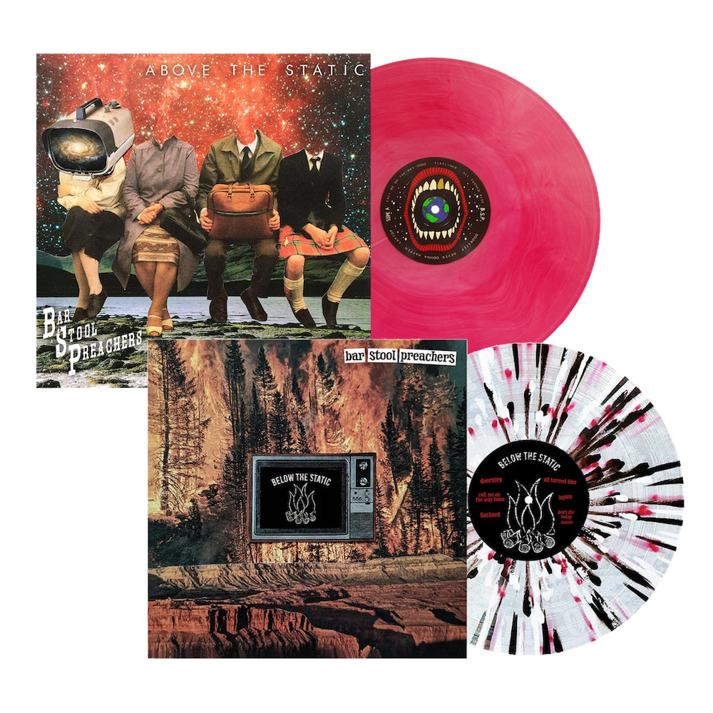Two vibrant splatter vinyl records from The Bar Stool Preachers, featuring unique album covers—people with objects as heads and a landscape with a TV. Includes digital download. Available as Presale Vinyl LP.