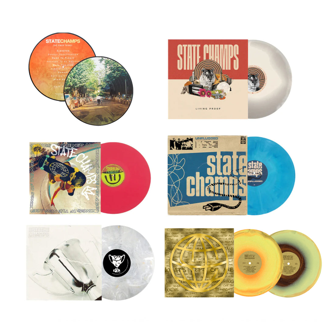 A collage of six State Champs vinyl records, featuring an exclusive anniversary edition and colorful vinyl bundle, each with unique discs and album covers, arranged in two rows of three.
