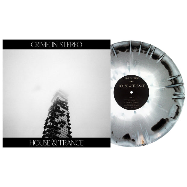 Crime In Stereo House & Trance Vinyl LP. Album Art depicts a sky scraper getting lost in the clouds. vinyl color is white, silver & black aside/bside with white splatter. 