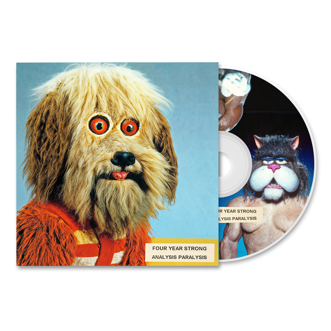 Four Year Strong’s Analysis Paralysis album (out August 9, 2024) features a cover with a large shaggy dog costume with wide orange eyes and a CD showing a person in a gray cat mask baring their teeth.