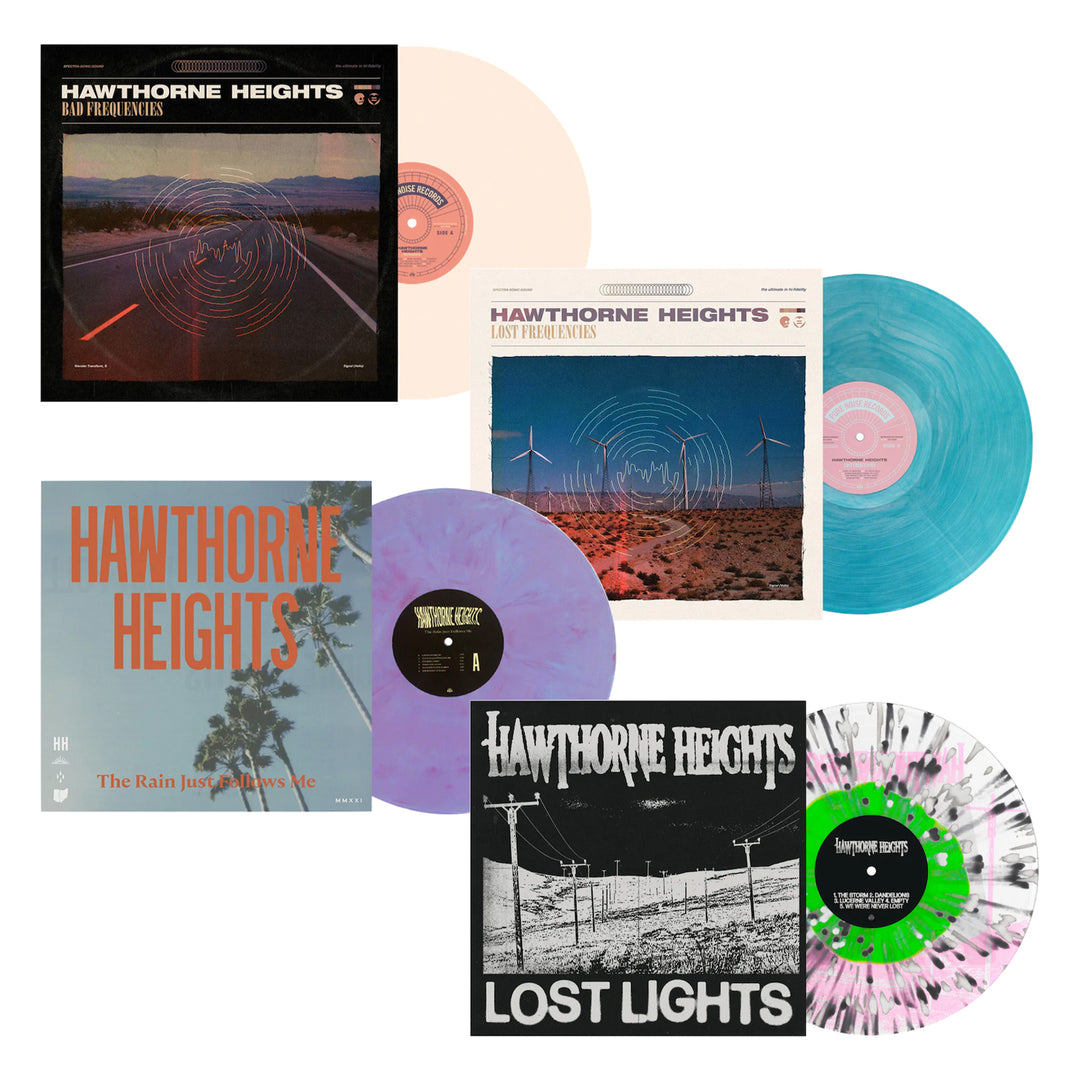 Four Hawthorne Heights vinyl records—tan, blue, purple with splatter, and white with green and pink splatter—each feature unique cover art. They are displayed in an overlapping grid layout.