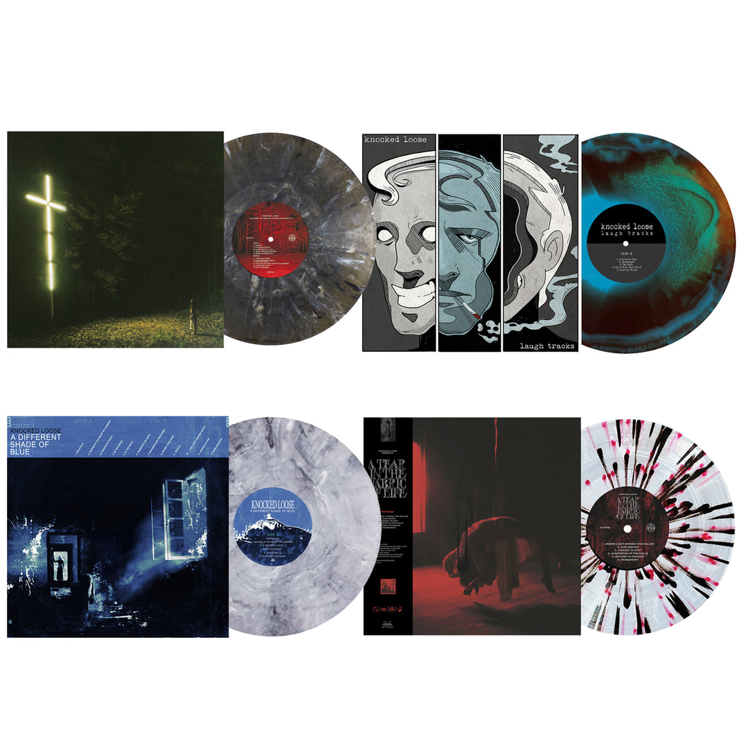 Four Knocked Loose vinyl records and their covers are shown—each Onyx Deluxe Marble LP has a unique, colorful marbled pattern. The covers feature bold or abstract art, like Laugh Tracks’ illustrated faces and a glowing cross on A Different Shade Of Blue.