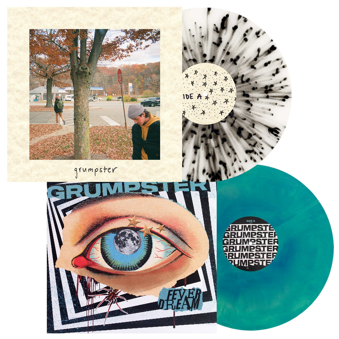 Two Grumpster vinyl records: one Milky Clear with Heavy Black Splatter featuring autumn trees, and one Fever Dream Mint Green & Blue Galaxy with an illustrated eye and FEVER DREAM on the cover.
