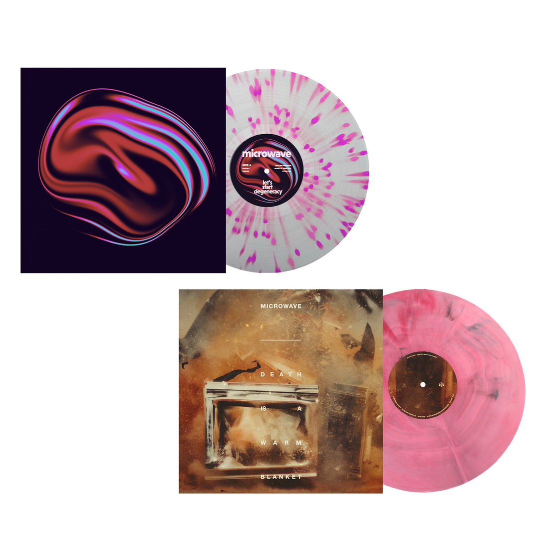 Two Microwave vinyl LPs: the top is marbled white and purple with an abstract cover; the bottom features a pink record and a blurred, earthy-toned sleeve—ideal inspiration for your next album release.