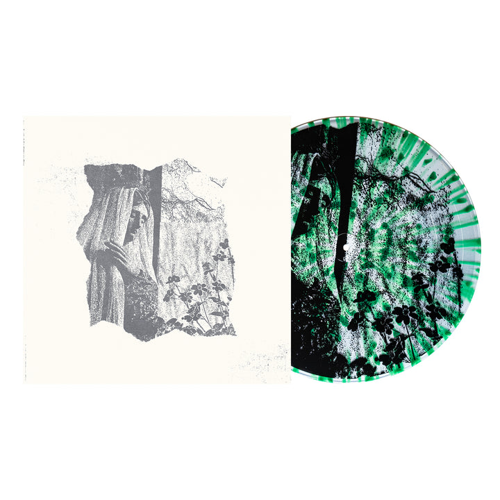 A Ben Quad vinyl record with a green and black splatter design, partially pulled from a cream sleeve displaying a grayscale woman behind a curtain—an eye-catching collectible for fans seeking unique pressings.