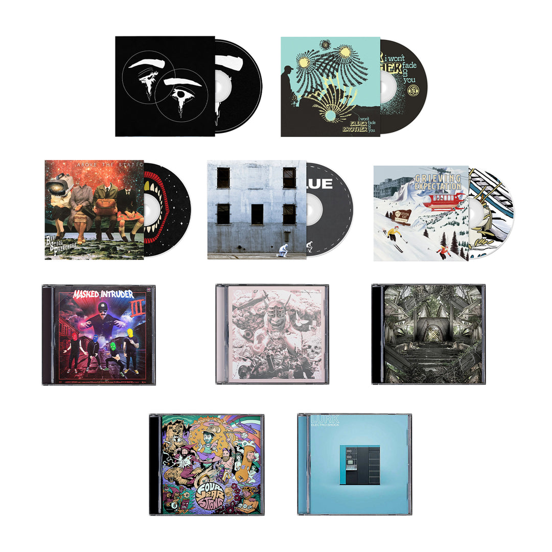 A 3x3 grid displays various CD albums and covers from Pure Noise Records Merch, featuring colorful artwork by bands like Four Year Strong, Boston Manor, and The Bar Stool Preachers, with some open cases showing the CDs inside.