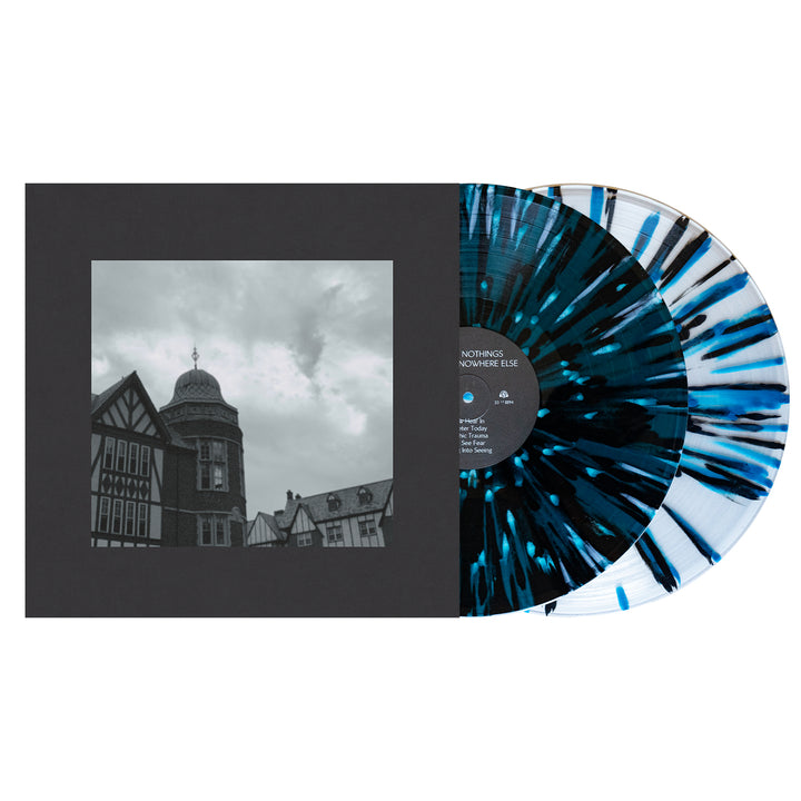 Cloud Nothings double LP set on black and blue splatter vinyl, partly pulled from a black sleeve with a grayscale photo of historic buildings under a cloudy sky, is now available for presale.