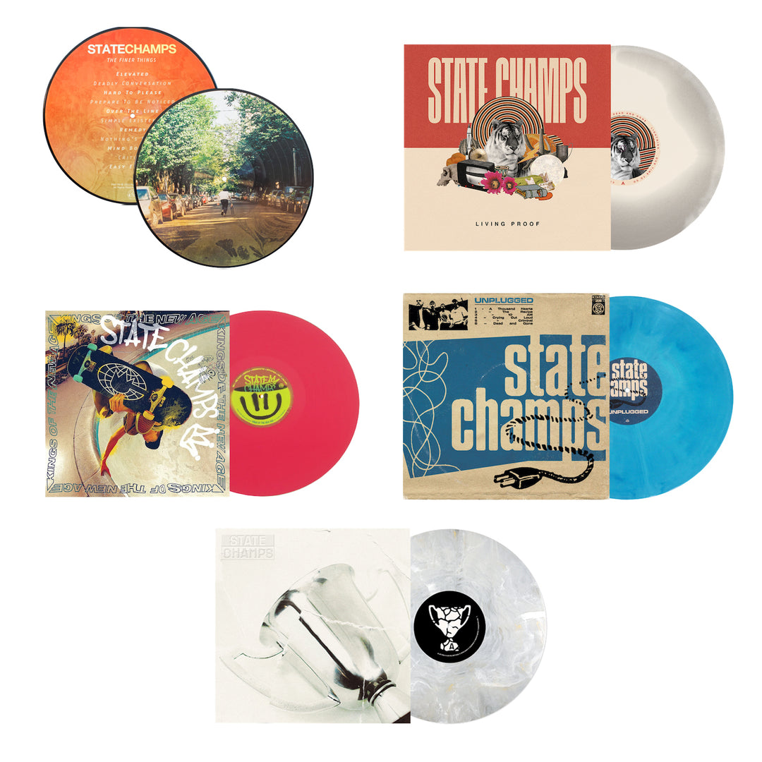 A State Champs vinyl bundle featuring five uniquely designed records, including a picture disc, each with colorful album covers displayed in a grid on a white background.