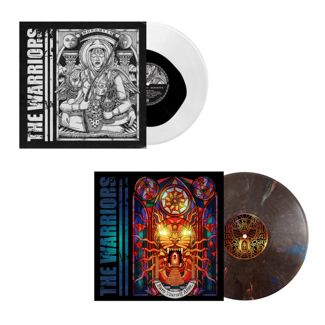 Two vinyl records by The Warroris: the top is Burn Yourself Alive Vinyl in clear with a detailed black-and-white cover; the bottom is Metallic Black Rainbow Vinyl with a vibrant stained glass-inspired cover. Both include full album digital download.