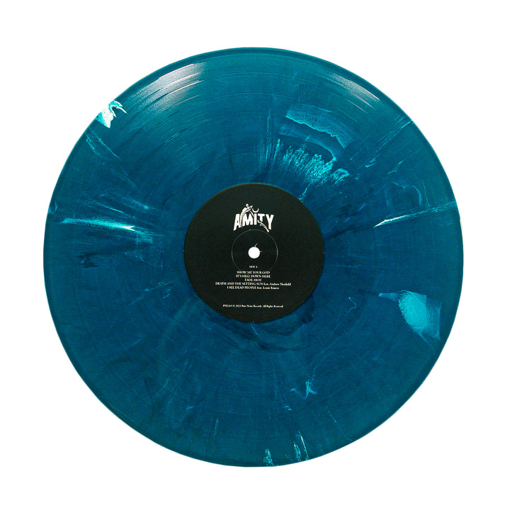 A limited edition blue marbled vinyl, Into The Deep Marble by The Amity Affliction, features a black center label with white band text and song details. Swirling blue patterns make it a unique collectible for fans.