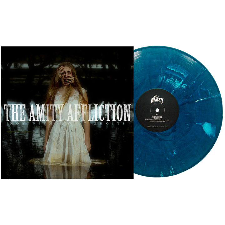The Amity Affliction's Not Without My Ghosts album cover shows a woman in a white dress standing in water with a distorted face, next to the limited edition Into The Deep Marble teal vinyl collectible.