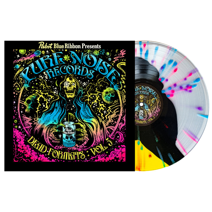 Neon Purple vinyl record from Dead Formats, releasing October 2024. Features psychedelic skeleton-and-Pabst artwork on the cover and eye-catching colorful splatter design, with the vibrant vinyl partially shown outside its sleeve.