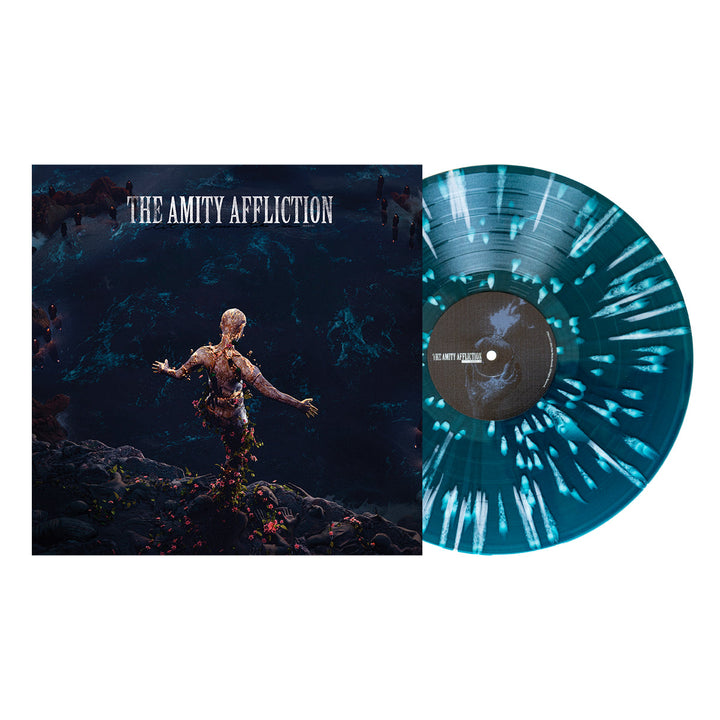 The Amity Affliction album cover features a figure in dark water with outstretched arms next to a teal and royal blue vinyl. The bands name appears at the top, highlighting its upcoming September 2024 release.