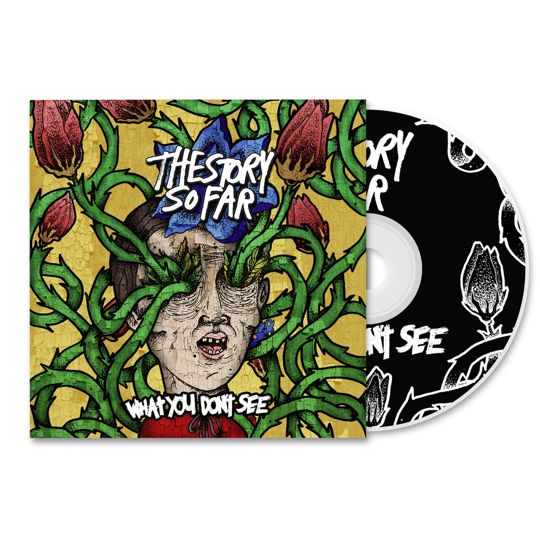 The Story So Fars CD and cover art for What You Dont See feature an illustrated face with green vines and red flowers on a yellow background. The partially visible CD mirrors the album’s vibrant design. Brand: The Story So Far.