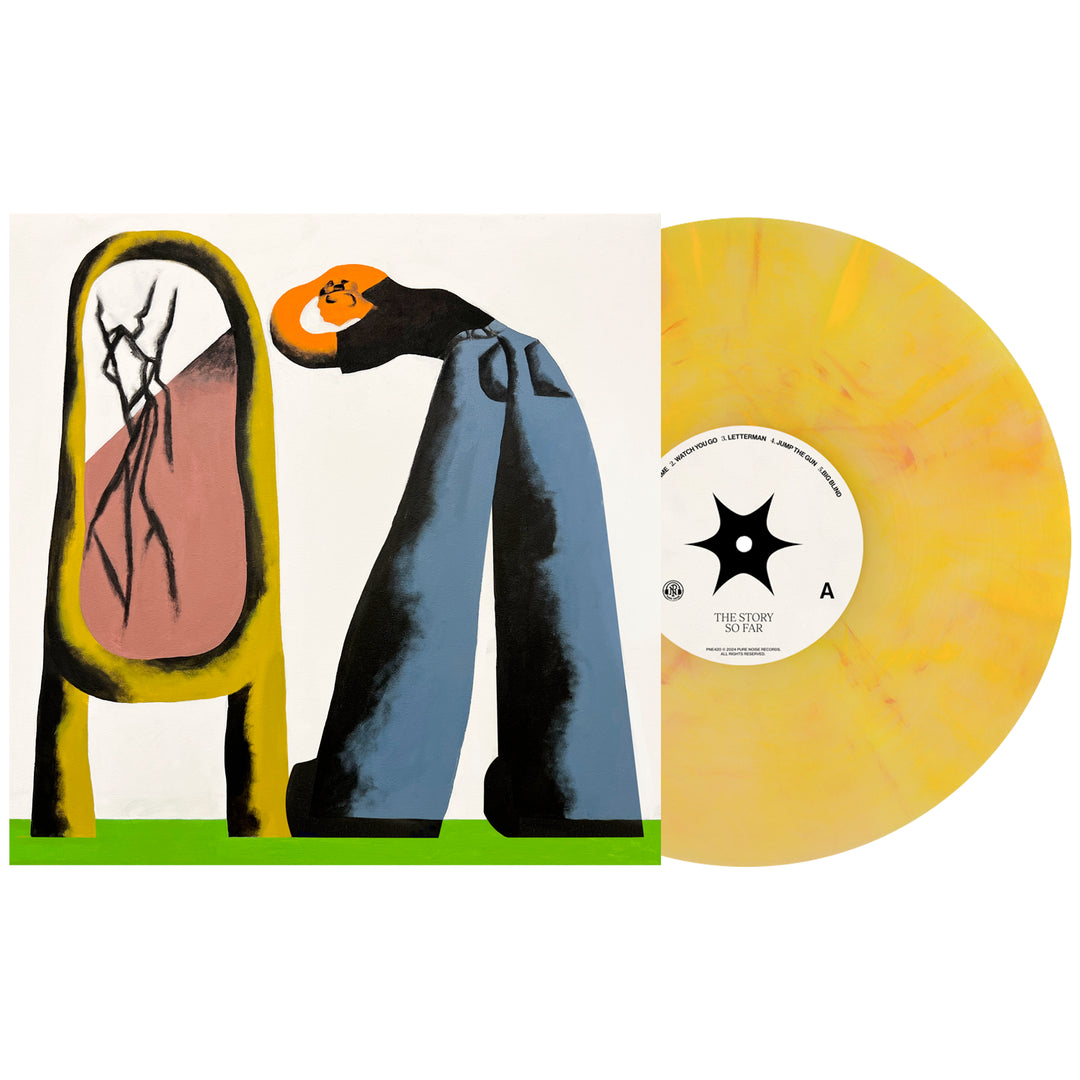 A limited edition Citrus Yellow and orange marbled vinyl by The Story So Far sits beside its cover, which features abstract art of a cracked chair back and a person bending backward. The track list is included inside.