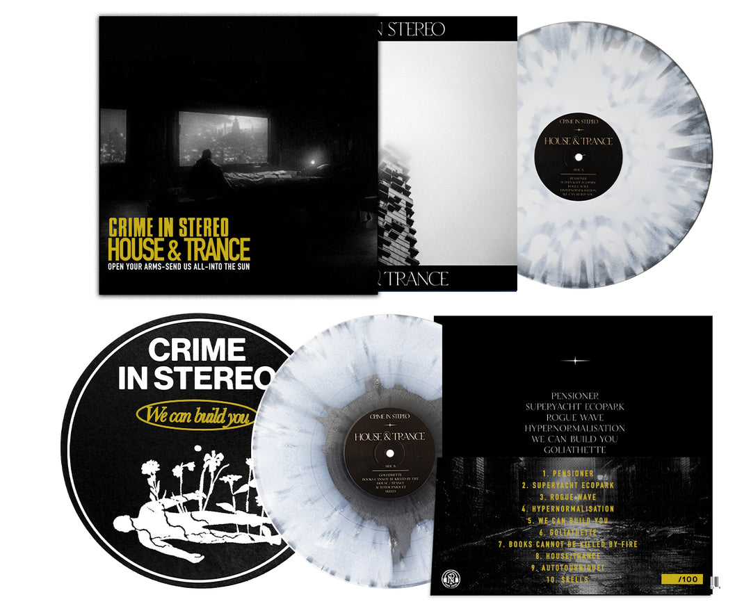 Limited edition Crime In Stereo “House & Trance” LP bundle includes a marbled white/black vinyl, album art, tracklist, and a round slipmat with yellow and white graphics. Presale available now.