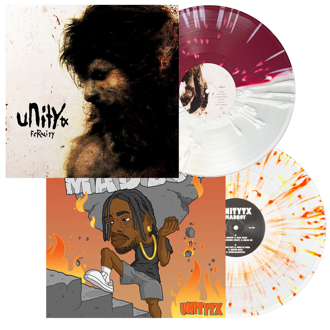 Two splatter vinyl LPs from UNITYTX: an oxblood clear with an ape-like figure cover, and an orange/white ferality edition featuring a cartoon man breaking through a wall. Both display the UNITYTX name.