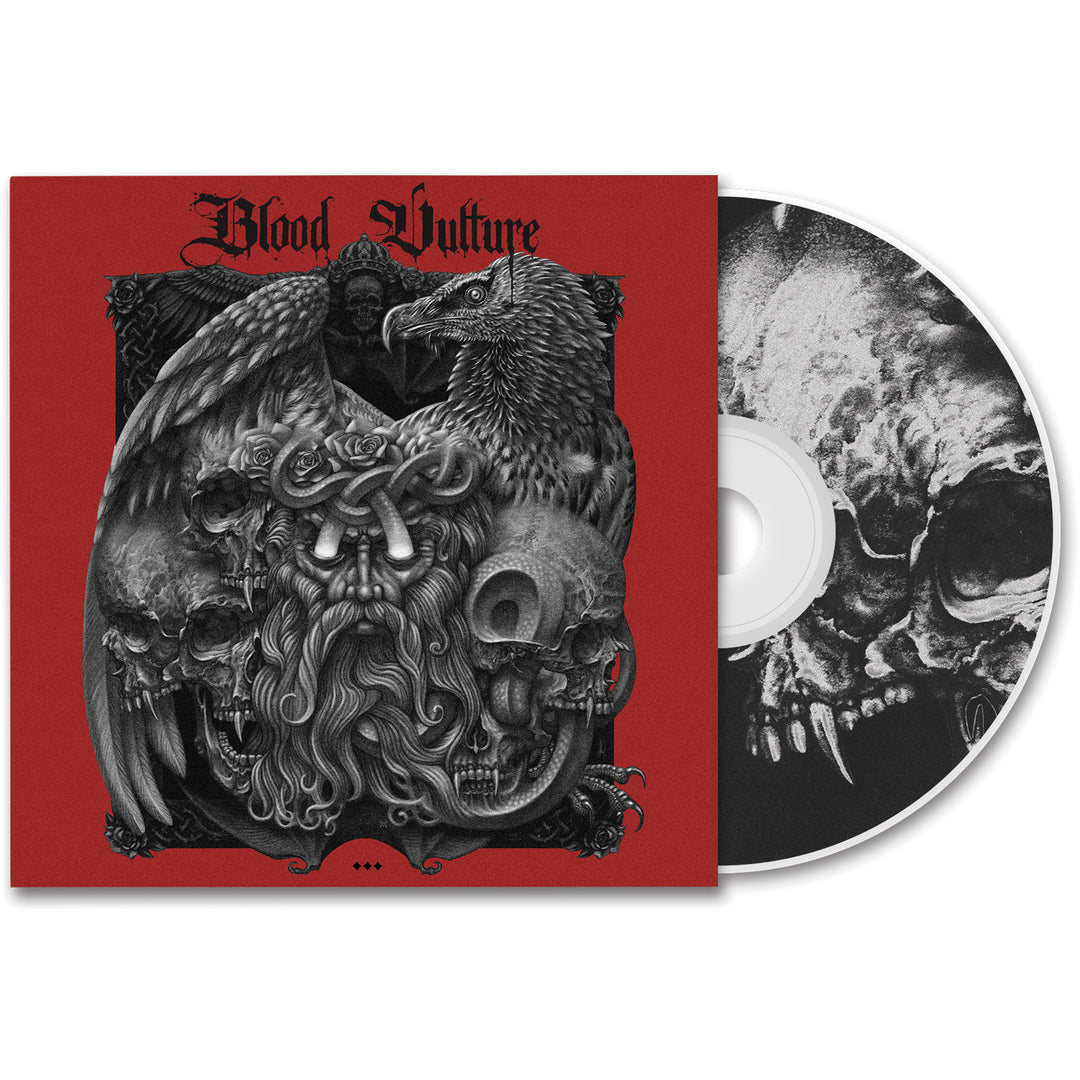 The Blood Vulture CD and case display a dark, detailed vulture over skulls and a bearded figure on red, with the album title in Gothic text. This presale item ships ahead of the June 27th, 2025 release. Brand: Blood Vulture.