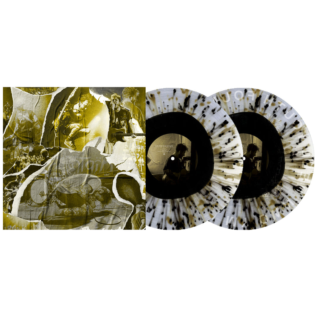 Two black and white splatter vinyl records by Youth Fountain are shown next to the Stuck In My Own Hell limited edition album cover, which features a collage of abstract and vintage images in yellow and gray.