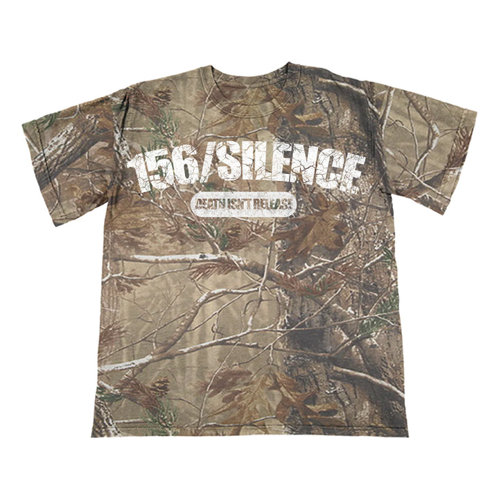 A 156/Silence camo T-shirt by Russell Outdoors with bold, distressed white text reading "156/SILENCE" and smaller "ACTIN ISNT RELIGI" beneath.