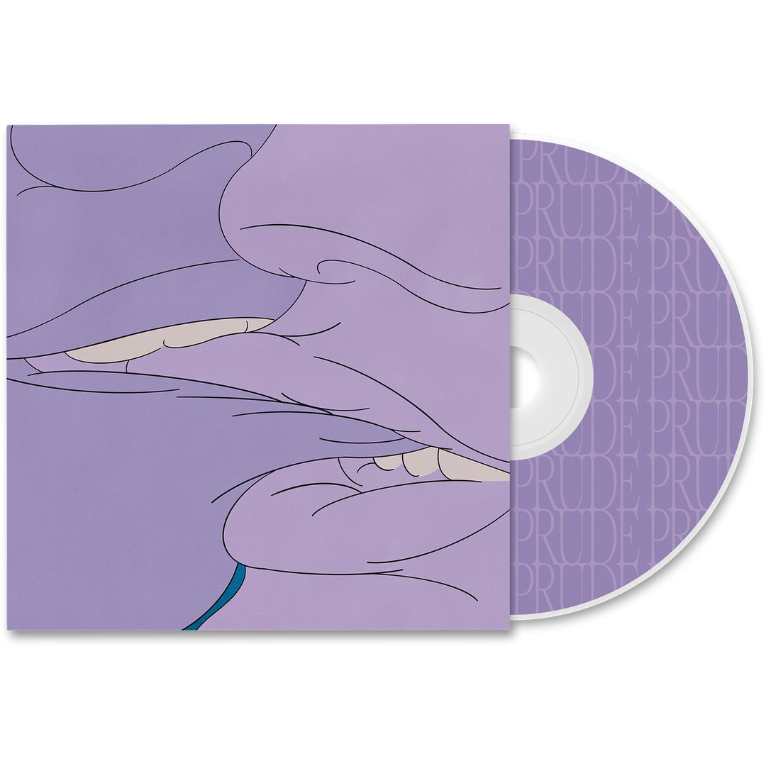 A Drug Church CD and its cover display abstract purple art of two faces kissing. The CD repeats Drug Church in a light font on a purple background, creating a striking collectible before the album’s release date.