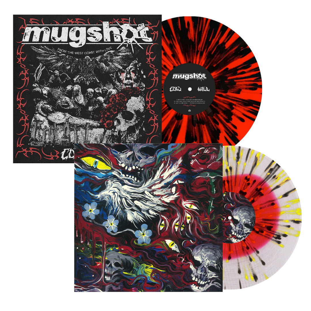 Two Mugshot vinyl LPs are shown: Cold Will Red on Heavy Black Splatter vinyl with its cover on top, and All The Devils Are Here with a vibrant cover, on Red in Clear with Heavy Black and Yellow Splatter vinyl below.