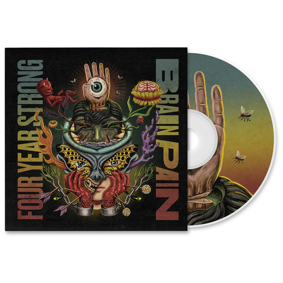Four Year Strong’s “Brain Pain” Deluxe CD features a vibrant album cover with surreal imagery—hands, an eye, butterflies, roots, and more—perfect for fans of this standout release.