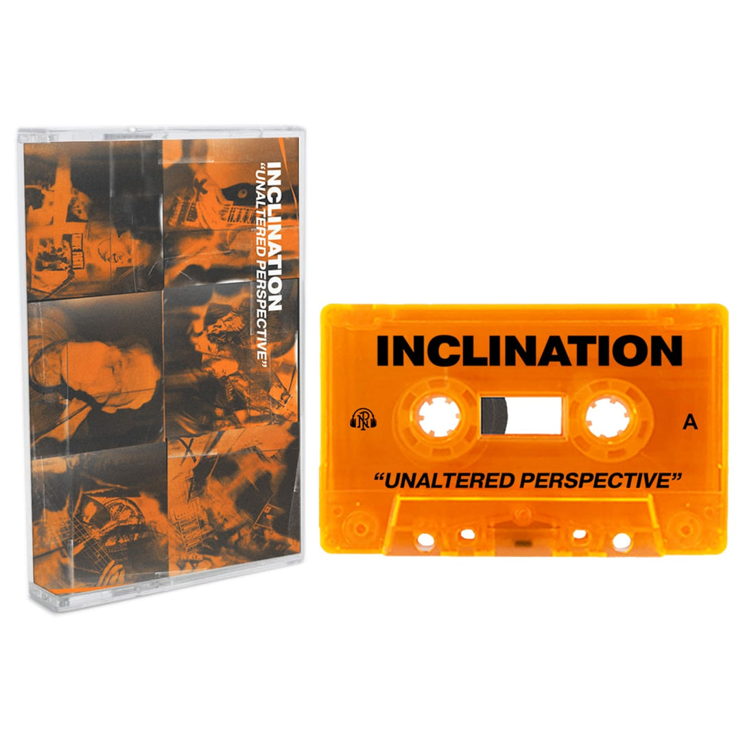 An orange cassette tape by Inclination, labeled UNALTERED PERSPECTIVE, sits next to its matching case with collage band photos in orange and black. Includes a full album digital download.