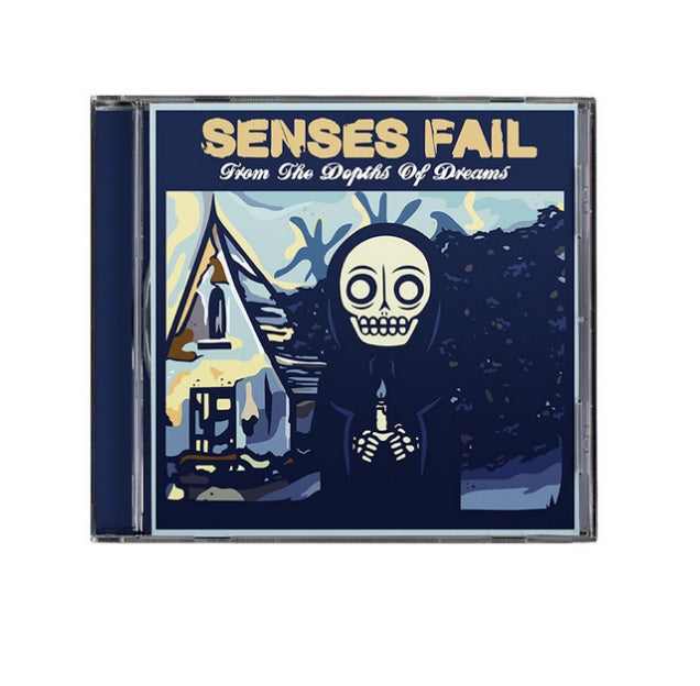 Senses Fail CD cover art for From the Depths of Dreams shows a hooded skeleton with a candle, standing before a pointed-roof house under a moody blue sky. Includes full tracklist from the album.