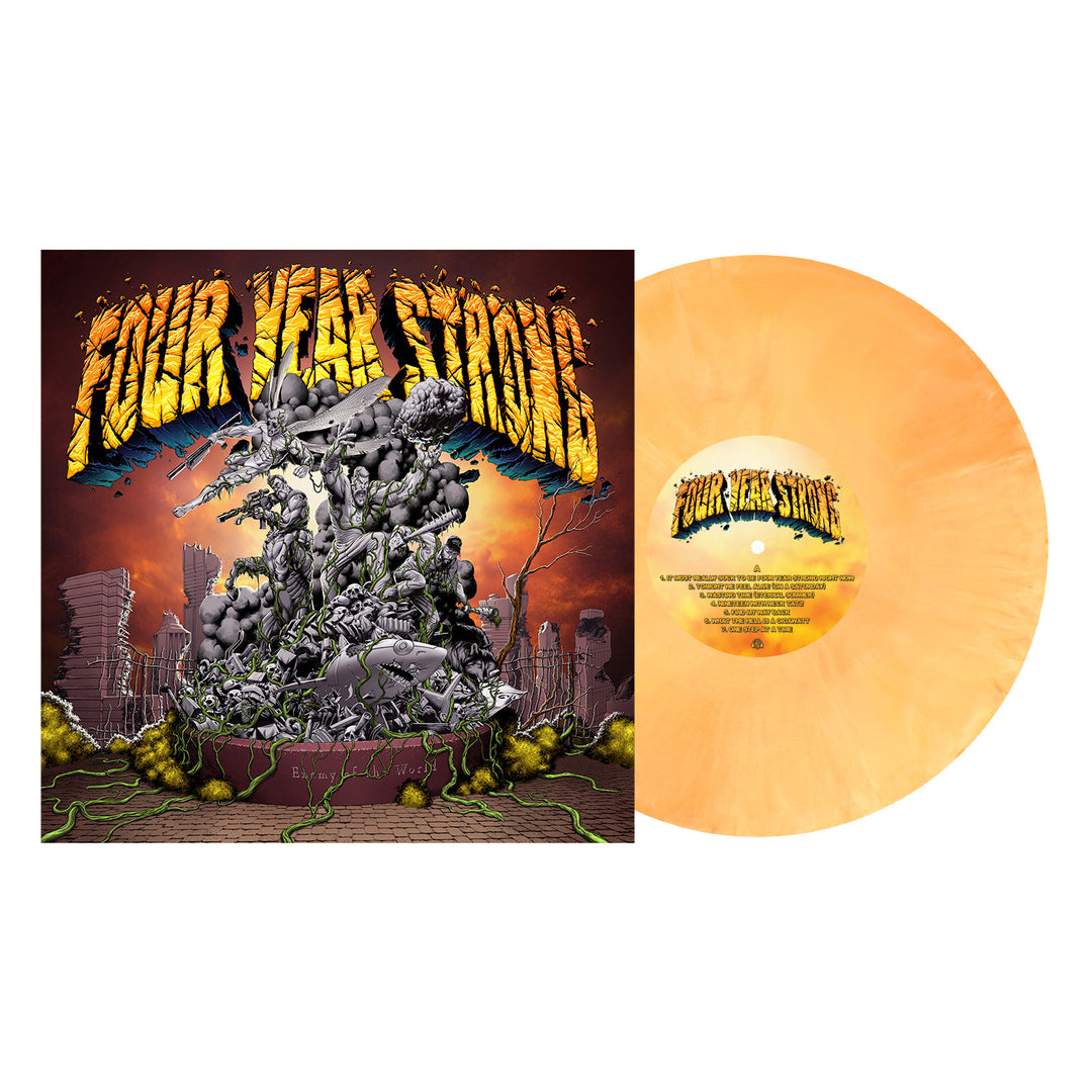 A Four Year Strong orange marbled Vinyl LP featuring cover art with crumbling buildings, stone figures, and a jagged yellow logo. Includes a matching vinyl label and Digital Download for convenience.